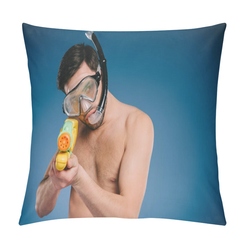 Personality  Young Man In Snorkel And Diving Mask Holding Water Gun On Blue  Pillow Covers