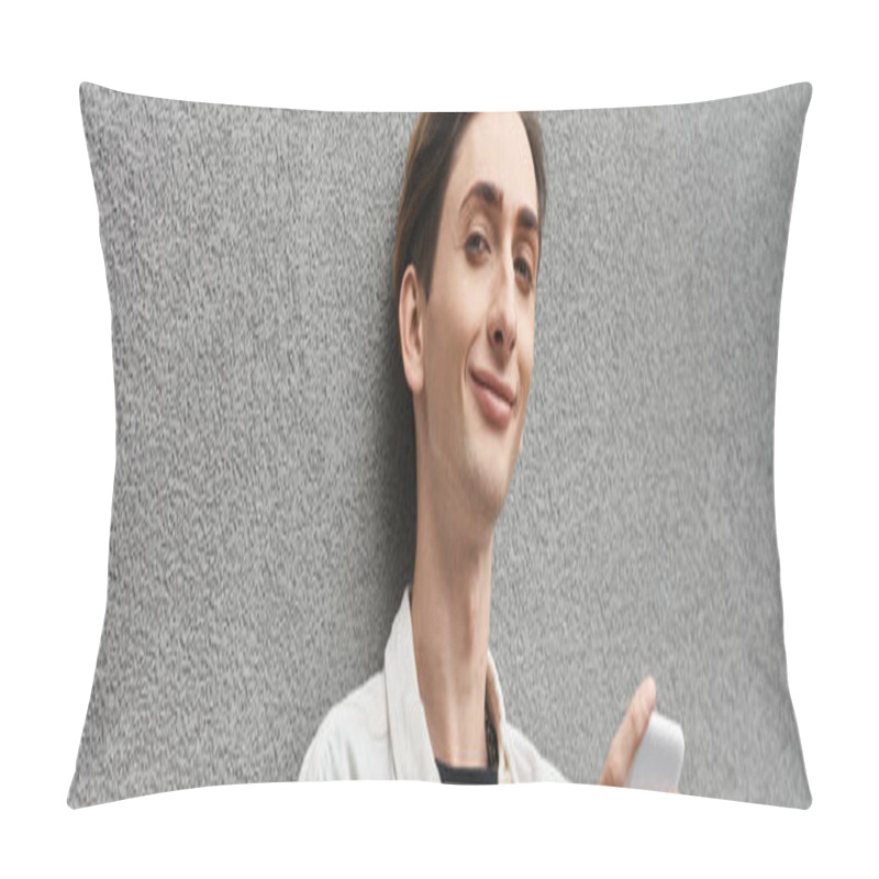 Personality  A Stylishly Dressed Young Queer Person Leans Against A Wall, Engrossed In His Cell Phone. Pillow Covers