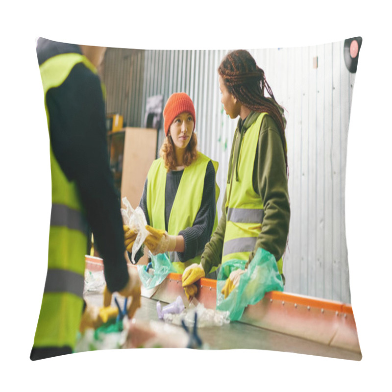 Personality  Group Of Young Volunteers In Gloves And Safety Vests Sorting Trash On A Table. Pillow Covers