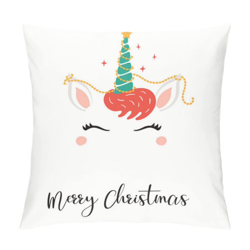 Personality  Hand Drawn Card Of Cute Unicorn Face With Garland, Star On Horn, Text Merry Christmas. Isolated On White Background, Concept For Holiday Print Pillow Covers