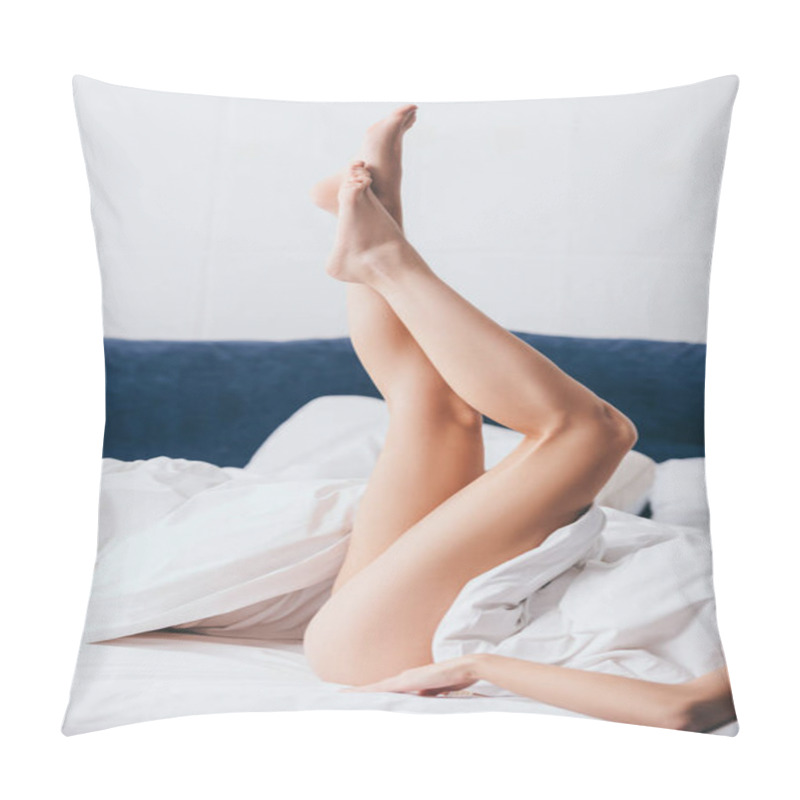 Personality  Cropped View Of Woman Lying With Legs Up On Bed In Morning  Pillow Covers