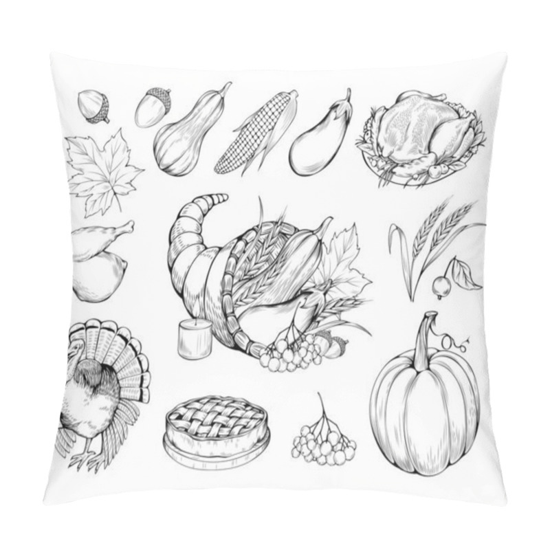 Personality  Thanksgiving Hand Drawn Vector Symbols Set. Natural Food, Vegetables And Traditional Dishes Sketch Illustrations. Farmers Market. Pumpkin, Turkey Cooked Chicken And Pie Monochrome Drawings Pack Pillow Covers