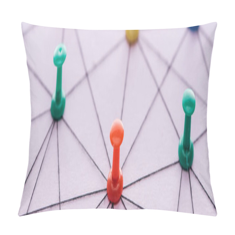 Personality  Panoramic Shot Of Push Pins Connected With Strings Isolated On Pink, Network Concept Pillow Covers