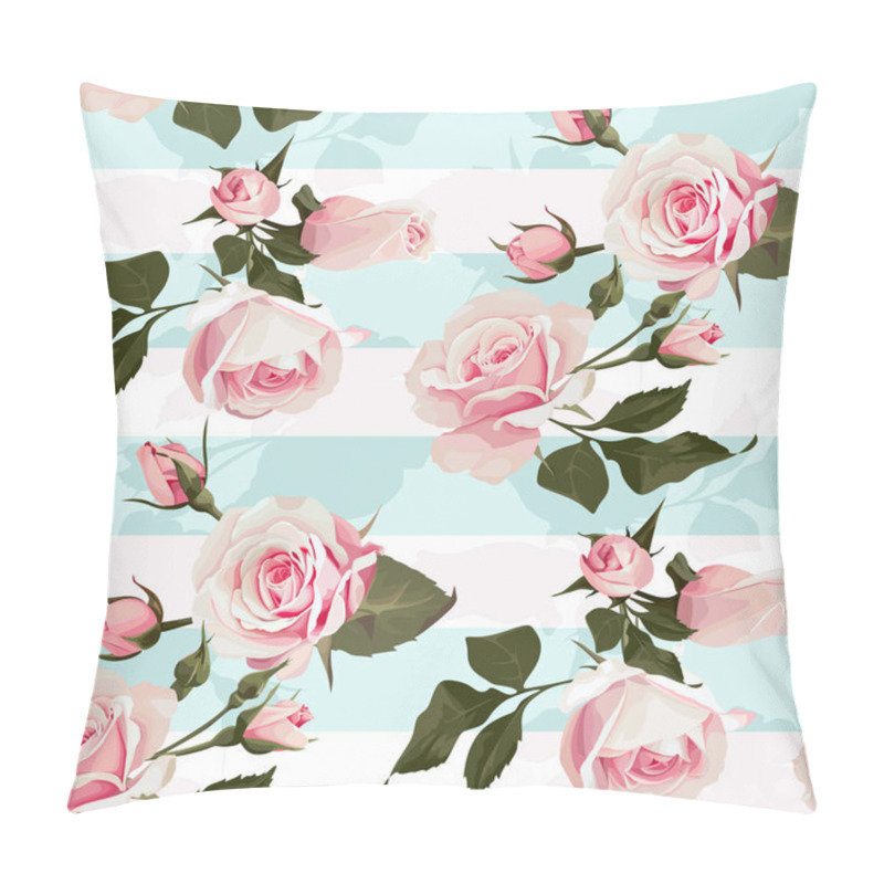 Personality  Pink Roses On A Mint Green Stripes Vector Seamless Pattern Flowered Background Of Botany Illustration Pillow Covers