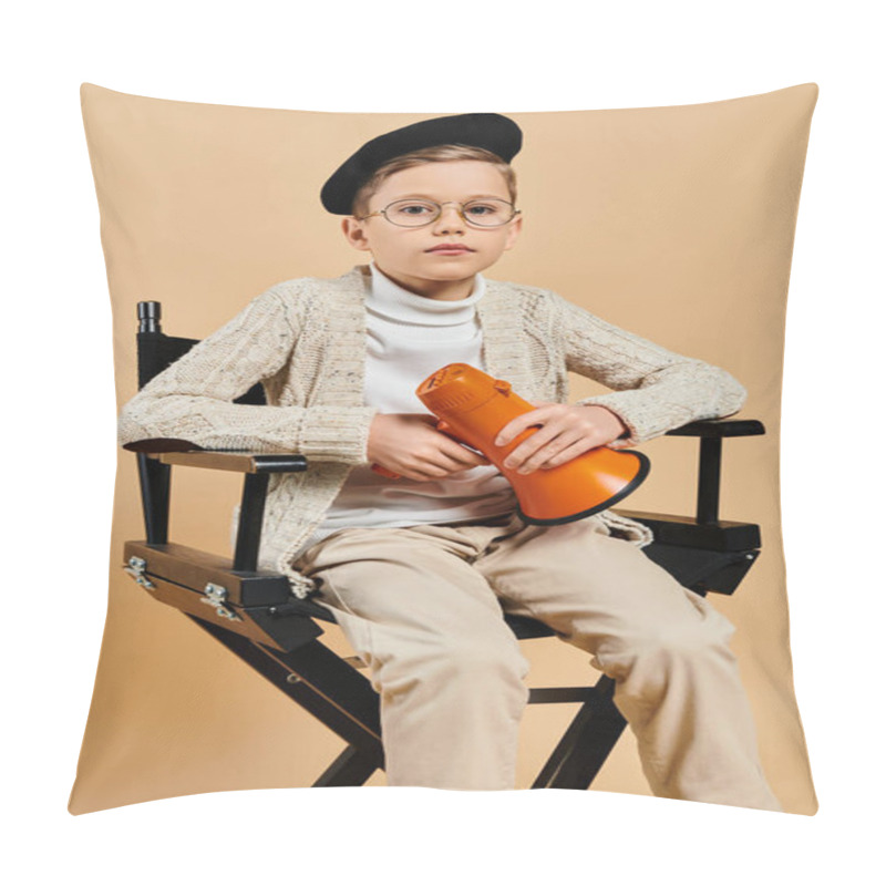 Personality  A Preadolescent Boy, Dressed As A Film Director, Sitting In A Chair Holding A Megaphone. Pillow Covers