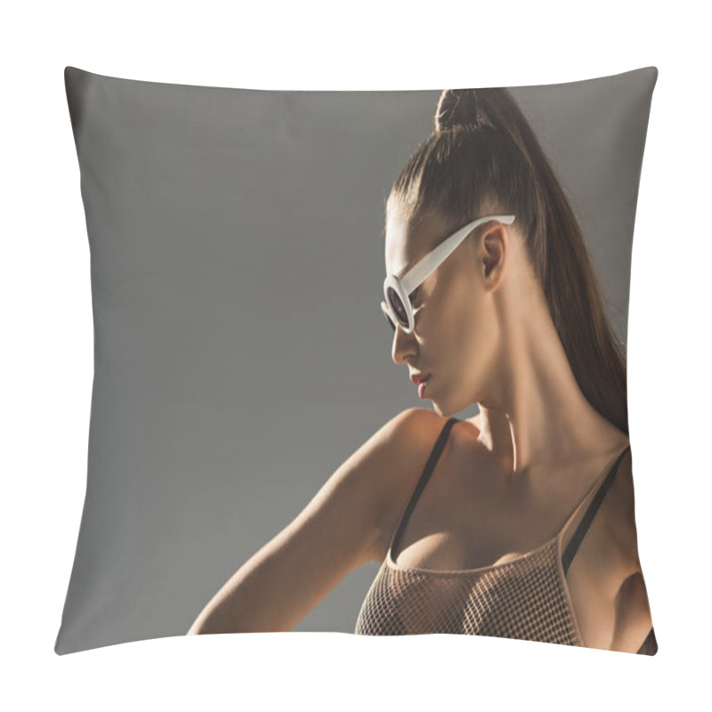 Personality  Stylish Brunette Girl With Ponytail Hairstyle, Isolated On Grey Pillow Covers