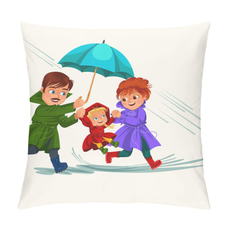 Personality  Family Husband And Wife Walking Rain With Umbrella In Hands, Raindrops Dripping Into Puddles, Dad And Mom Holding Baby By Hand, Couple In Love Under Raining Clouds Vector Illustration Pillow Covers