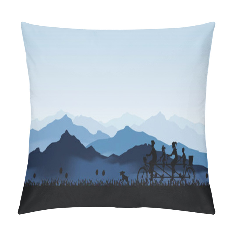 Personality  Silhouette Of Happy Family Cycling Tandem Bicycle With Blue Land Pillow Covers