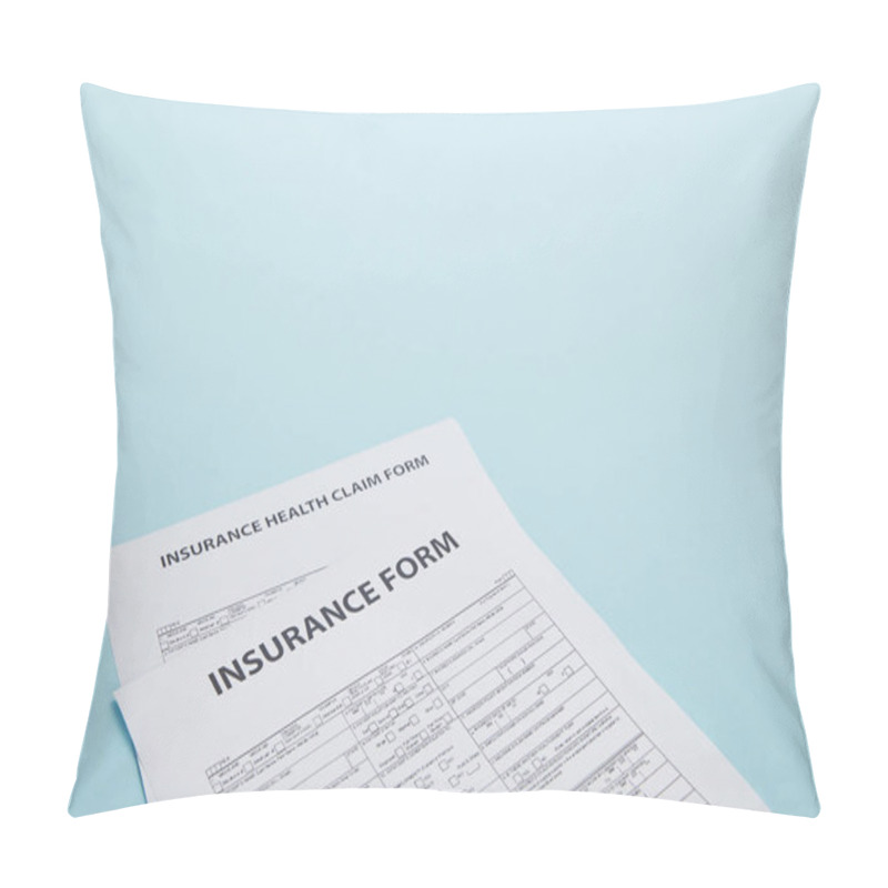 Personality  Close-up View Of Insurance Form And Insurance Health Claim Form Isolated On Blue Pillow Covers