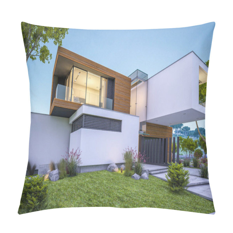 Personality  3d Rendering Of Modern Cozy House By The River With Garage For Sale Or Rent With Beautiful Mountains On Background. Clear Summer Evening With Blue Sky. Cozy Warm Light From Window. Pillow Covers