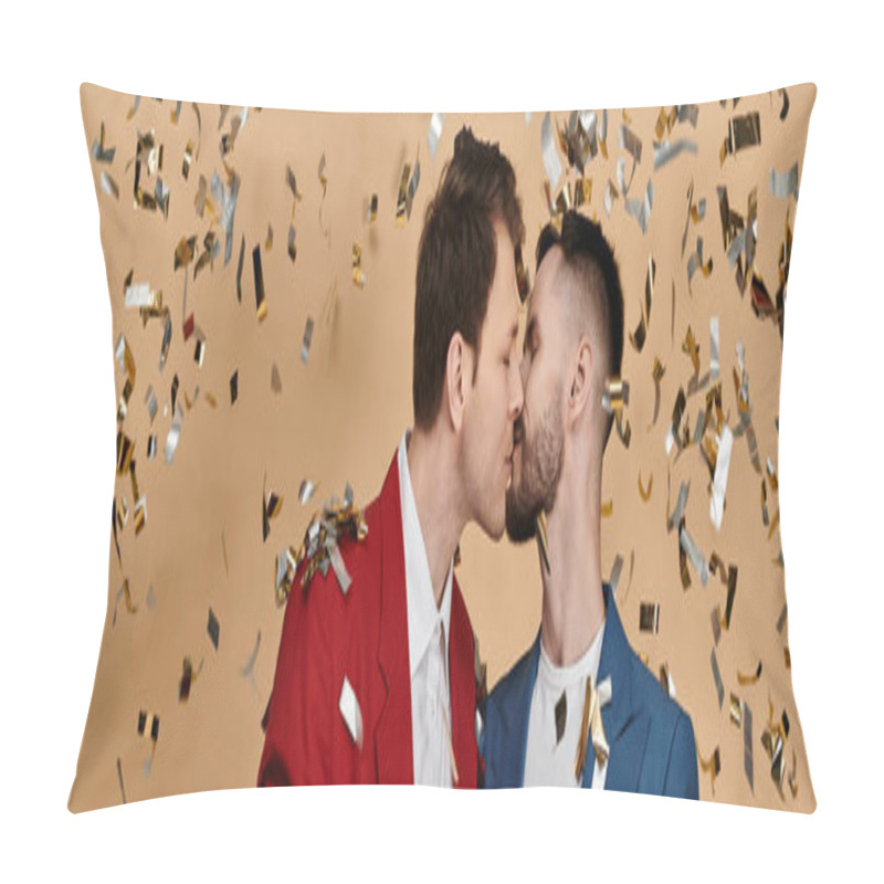 Personality  Two Men In Elegant Suits Embrace And Kiss Under A Shower Of Confetti. Pillow Covers