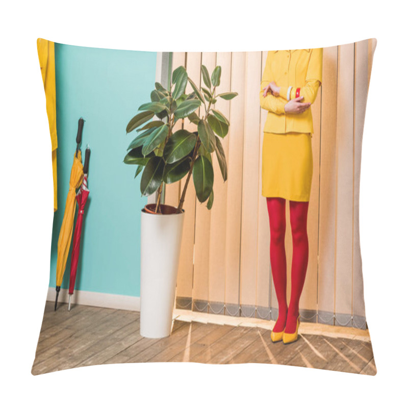 Personality  Partial View Of Retro Styled Woman Standing At Ficus Plant In Flowerpot At Colorful Apartment, Doll House Concept Pillow Covers