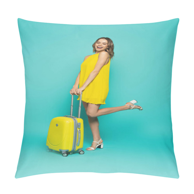 Personality  Cheerful Woman With Yellow Suitcase On Blue Background  Pillow Covers