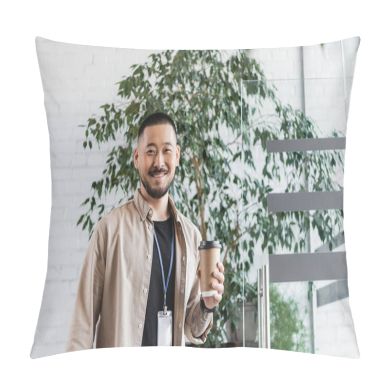 Personality  Happy Asian Businessman With Tattoo Holding Coffee To Go And Looking At Camera, Corporate Life Pillow Covers