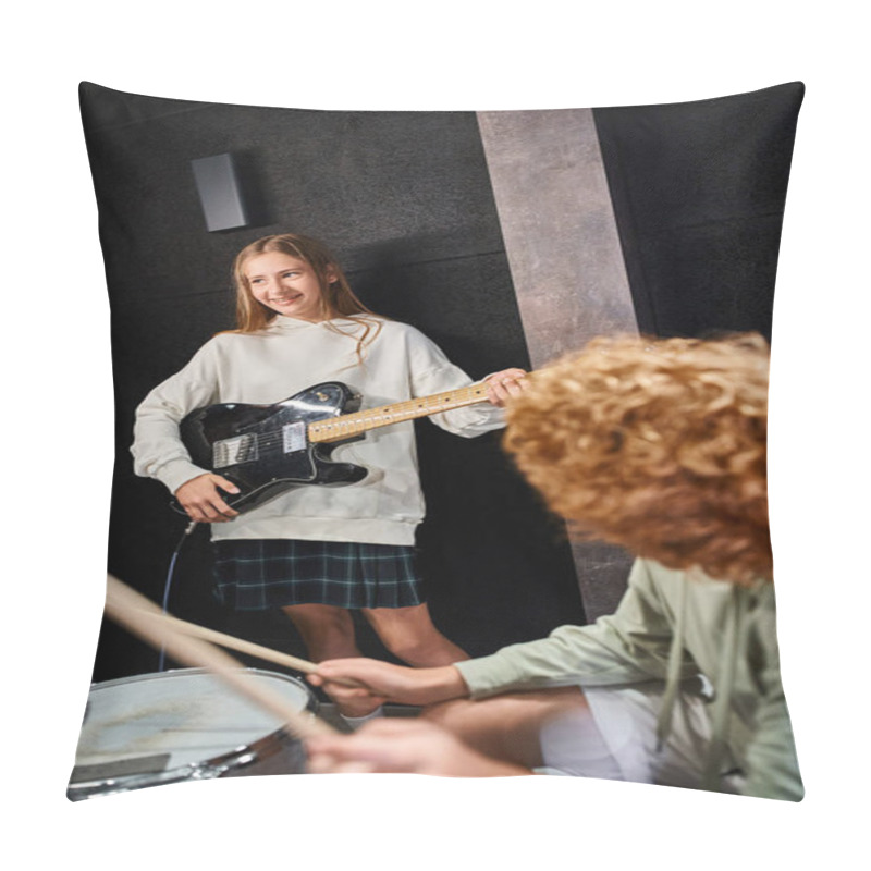 Personality  Focus On Jolly Teenage Girl In Casual Attire Playing Guitar Next To H Er Blurred Red Haired Drummer Pillow Covers