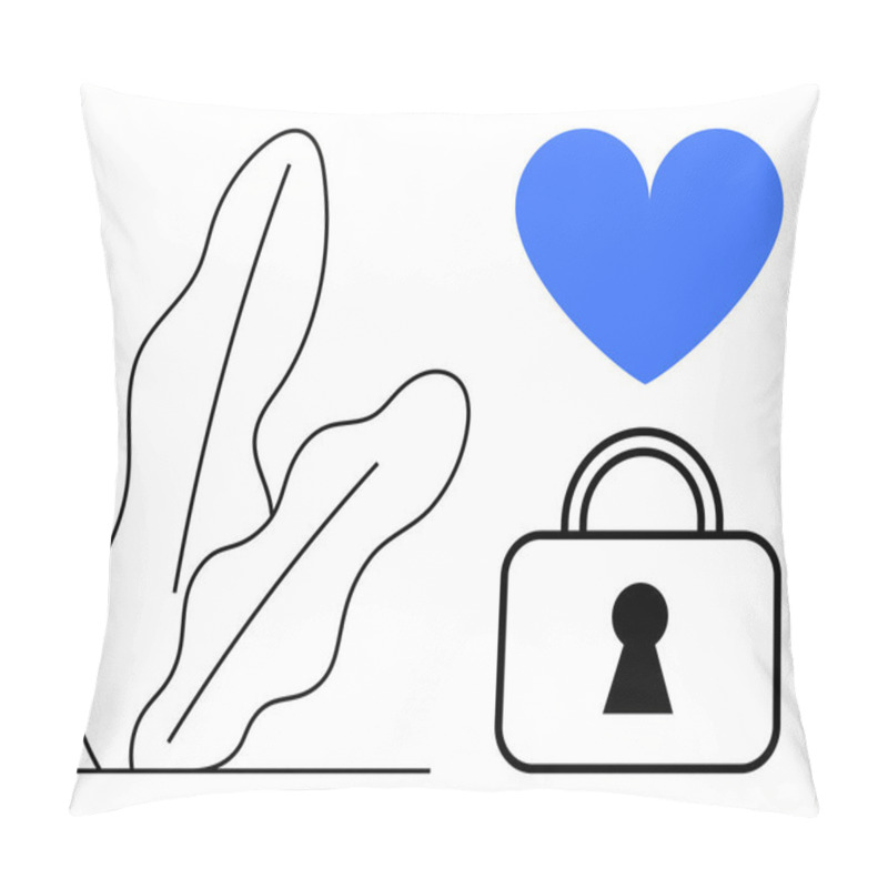 Personality  Blue Heart Above A Padlock Beside Abstract Plants In A Minimalist Design. Ideal For Love, Relationships, Security, Trust, Growth, Nature, Wellness. Line Metaphor Pillow Covers