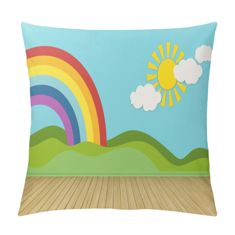 Personality  Empty Playroom With Rainbow And Green Hills Pillow Covers