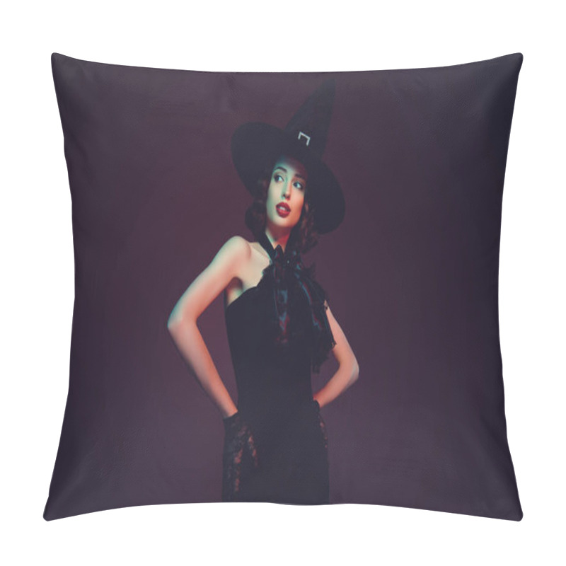 Personality  Photo Of Evil Adorable Mystic Lady Wear Black Dress Gothic Headwear Look Empty Space Isolated Dark Red Color Background Pillow Covers