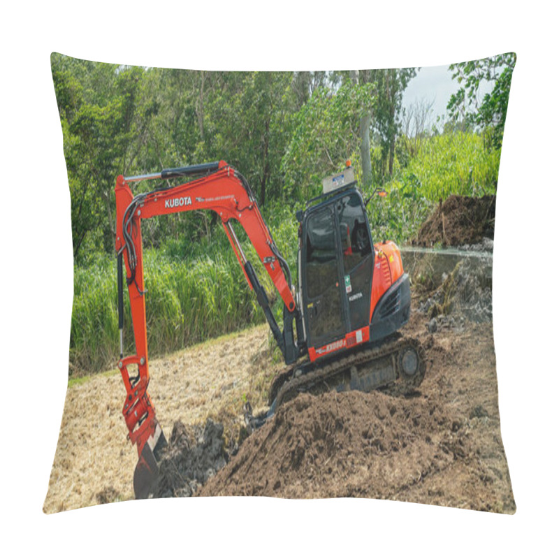 Personality  Mackay, Queensland, Australia - January 2021: Excavator Working On The Side Of The Road Moving Dirt Pillow Covers