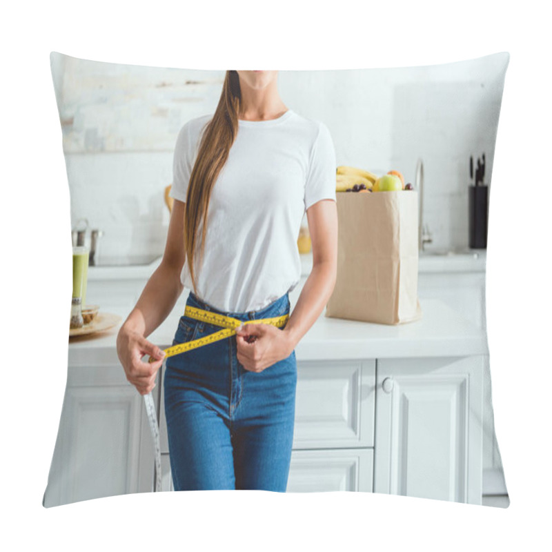 Personality  Cropped View Of Happy Young Woman Measuring Waist Near Groceries  Pillow Covers