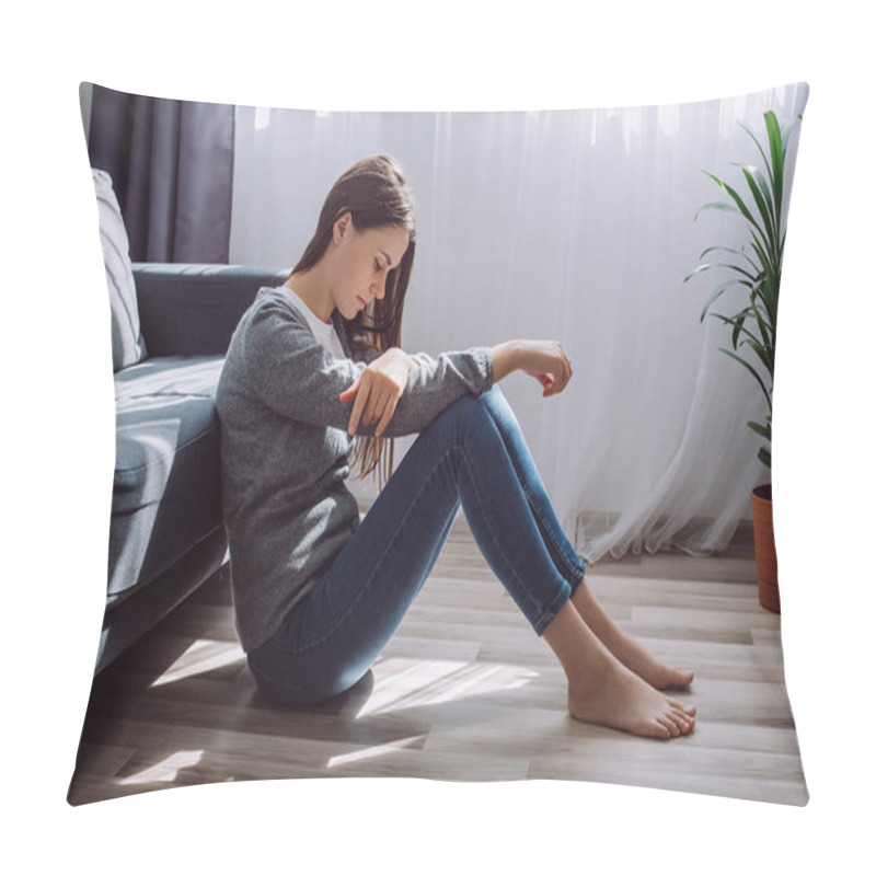 Personality  Depressed Sad Worried Young Brunette Woman Sitting On Floor Alone Troubled With Loneliness, Upset About Solitude Mental Problem, Think Of Abortion Regret Bad Mistake, Breakup Or Divorce Concept Pillow Covers