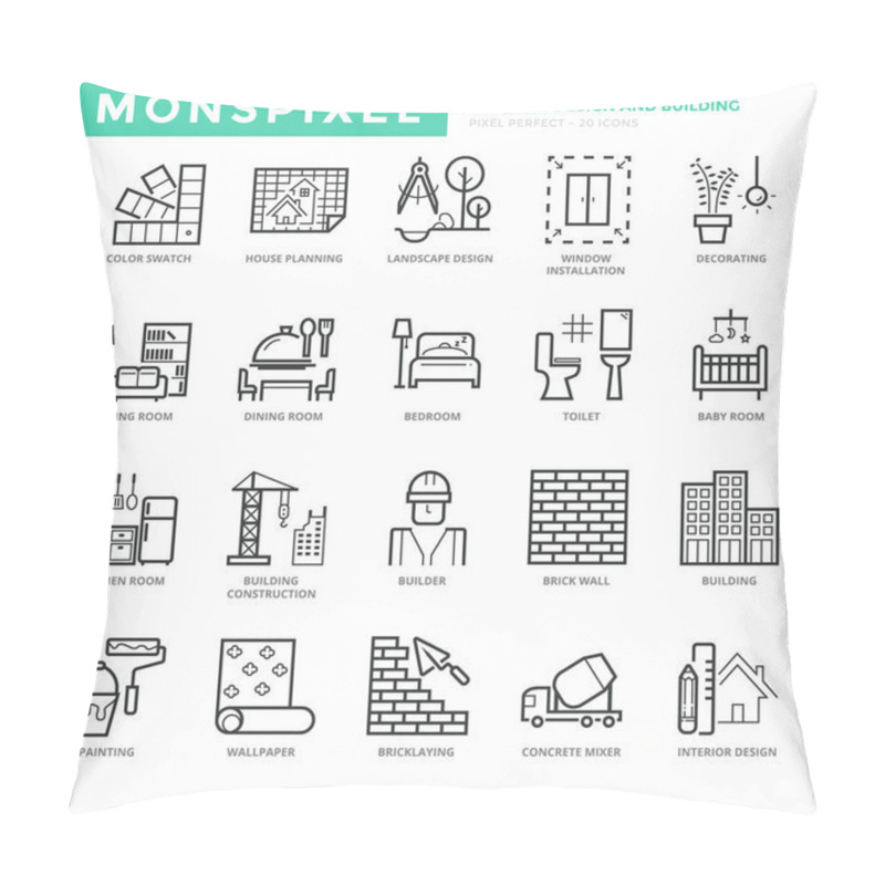 Personality  Flat Thin Line Icons Set Of Interior Design And Building Pillow Covers