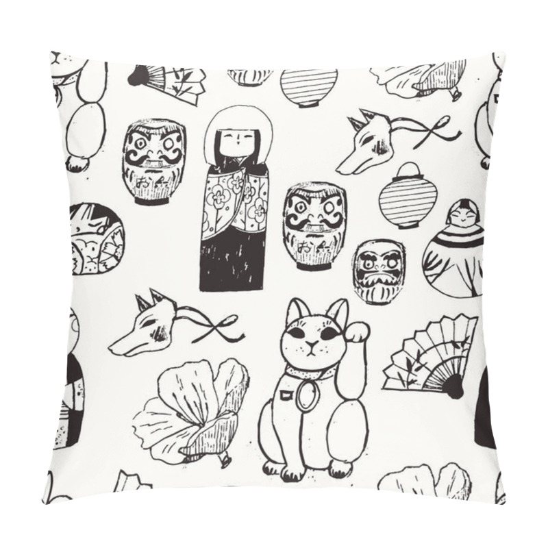 Personality  Treasures From Japan. Hand Drawn Seamless Vector Pattern With Cute Traditional Objects. Pillow Covers