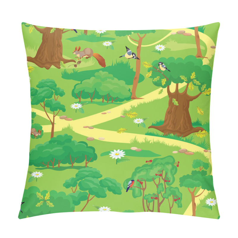 Personality  Seamless Pattern - Green Forest Landscape With Trees, Flowers, B Pillow Covers