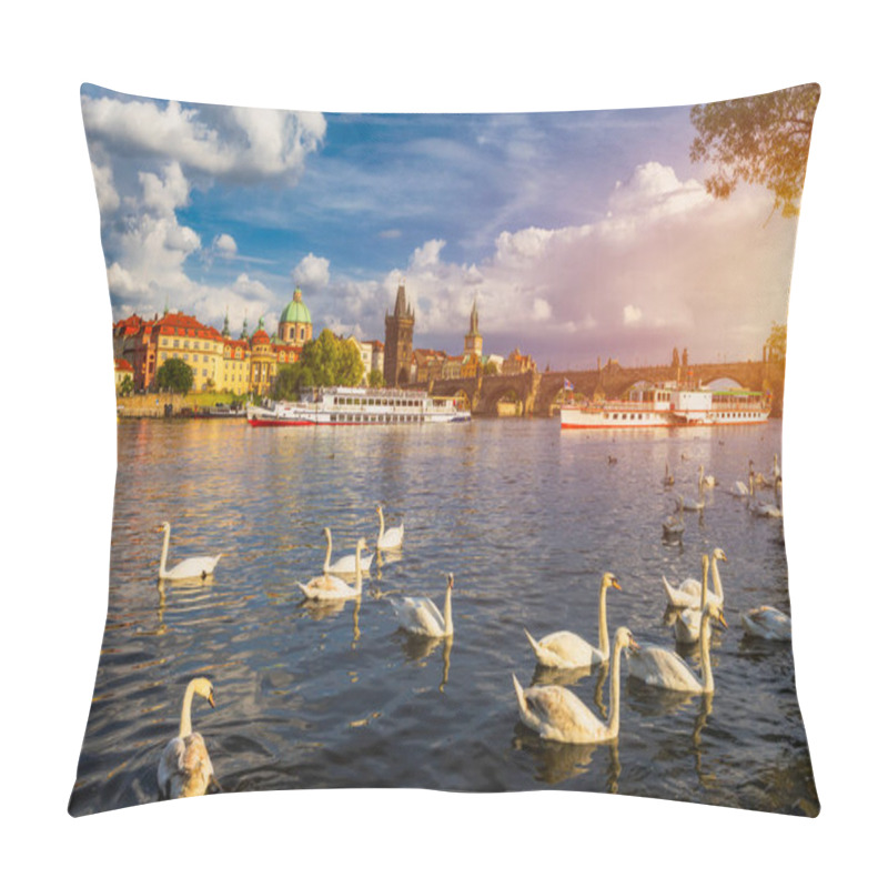 Personality  View Of Prague Charles Bridge Near The Vltava River. Swan On The River. Swans Swim In The Vltava River. Charles Bridge At Sunset. Prague Swans Of The Vltava River, Prague, Czech Republic Pillow Covers