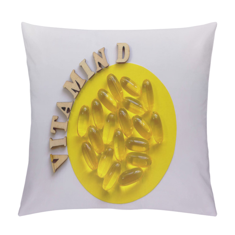 Personality  Yellow Pills Or Tablets In A Small Plate. Vitamin D Words Lined With Wooden Letters. Health Concept. Flat Lay, Copy Space. Pillow Covers