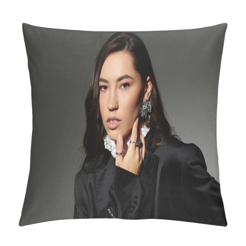 Personality  Shiny Brown-haired Young Woman Poses Gracefully In Chic Attire, Exuding Elegance. Pillow Covers