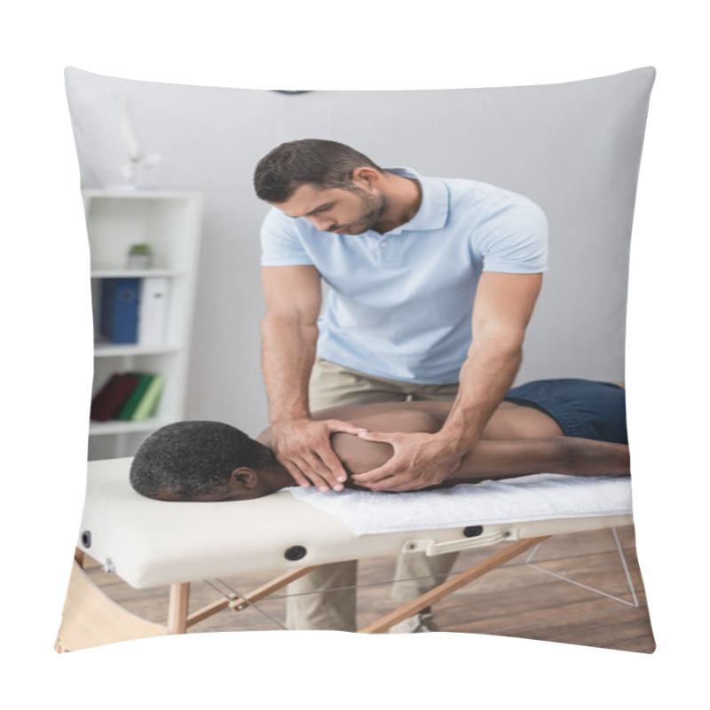 Personality  Physiotherapist Massaging Shoulder Of Middle Aged African American Man Pillow Covers