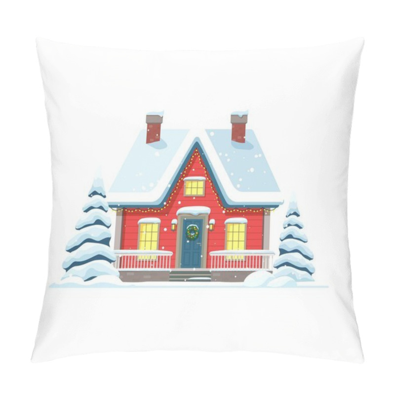 Personality  Christmas Winter Home Building Facade With Snowy Roof. Xmas Festive Town Cottage Snowy Facade, Winter Holiday House Cartoon Outdoor Scene Or Christmas Village Home Isolated Vector Exterior Pillow Covers