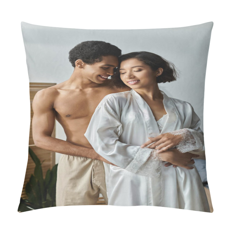 Personality  An Asian Woman In White Robe Embraces An African American Man In A Bedroom, Close With Faces Inches Apart, Showing Intimacy. Pillow Covers