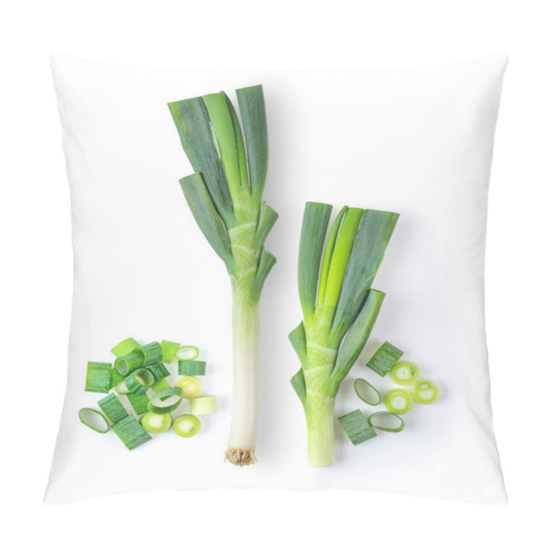 Personality  Green Japanese Onion On White Bvackground. Top View Pillow Covers