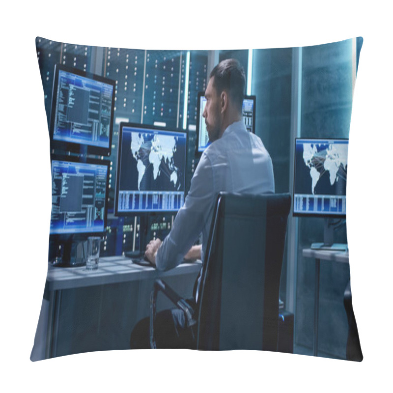 Personality  Technical Controller Working At His Workstation With Multiple Di Pillow Covers