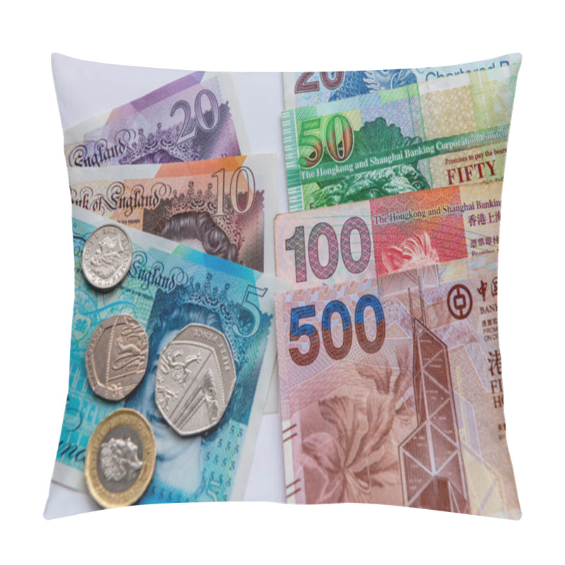 Personality  Close Up Of Hong Kong Dollar Bank Notes And Great Britain Sterling Bank Notes And Coins Isolated In White Background. Pillow Covers