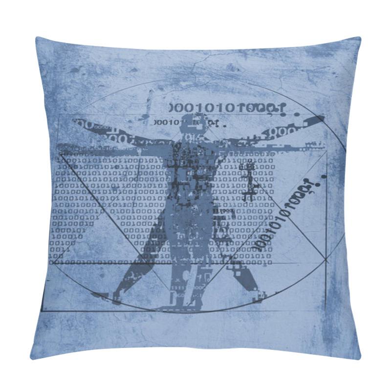 Personality  Vitruvian Man Of Digital Age.Futuristic Illustration Of Vitruvian Man With A Binary Codes On Brown Grunge Blue Background. Pillow Covers