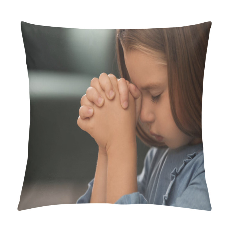 Personality  Cute Little Girl With Hands Clasped Together Praying On Blurred Background, Closeup Pillow Covers