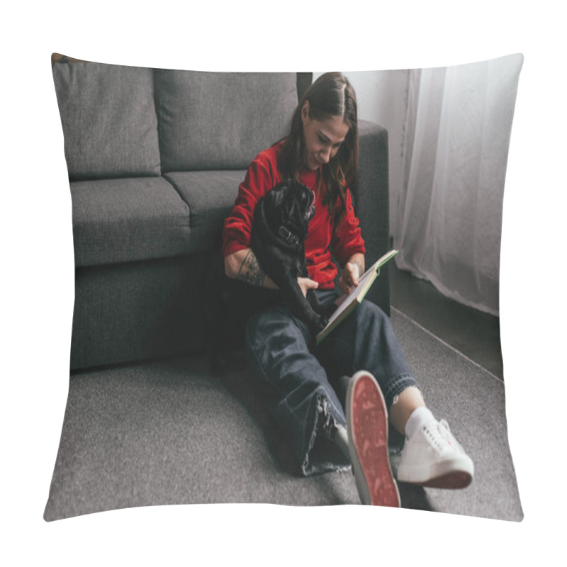 Personality  Woman With Leg Prosthesis Reading Book And Holding Pug Dog On Floor In Living Room Pillow Covers