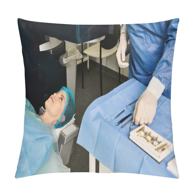 Personality  A Woman In A Blue Gown Relaxes On A Hospital Bed. Pillow Covers