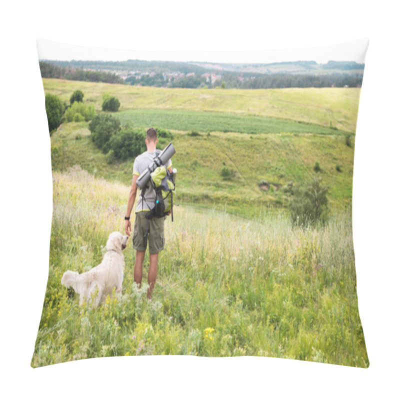 Personality  Back View Of Traveler With Backpack Walking With Dog On Summer Meadow Pillow Covers