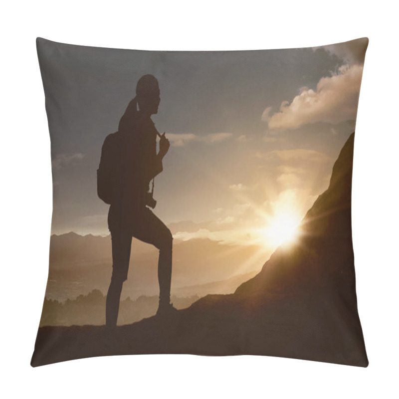 Personality  Silhouette Of Traveler Woman Hiking The Mountain At Sunset  Pillow Covers