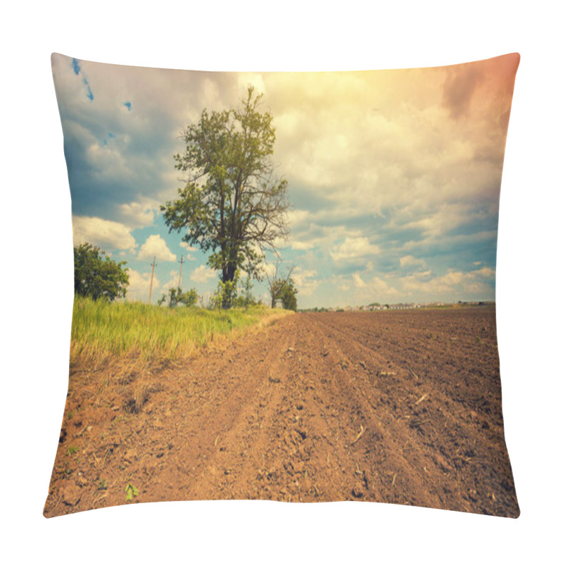 Personality  Arable Field With Dramatic Cloudy Sky And Tree Pillow Covers