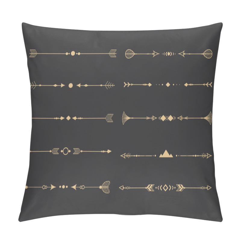 Personality  Set Golden Tribal Ethnic Arrow Dividers, Native Indian Bow Boho In Doodle Style Isolated On Dark Background. Collection Borders, Decoration Elements. Vector Illustration Pillow Covers