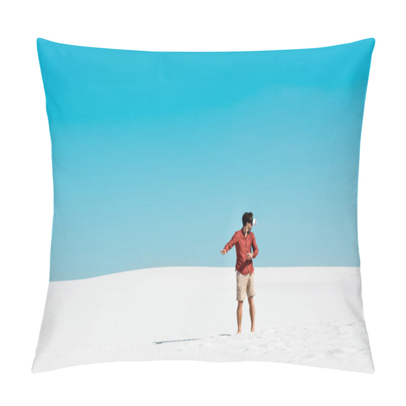 Personality  Man On Sandy Beach In Vr Headset Gesturing Against Clear Blue Sky Pillow Covers