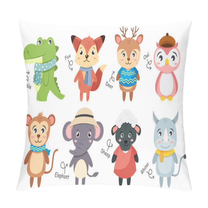 Personality  Wildlife Animals Collection . Flat Design Cartoon Characters . Crocodile Fox Deer Owl Monkey Elephant Sheep Rhinoceros . Vector . Pillow Covers