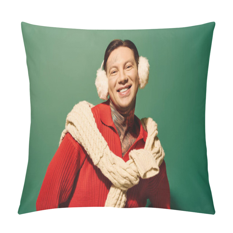 Personality  A Cheerful Young Man With Tattoos Wears A Vibrant Red Outfit And Fluffy Ear Muffs, Radiating Joy. Pillow Covers