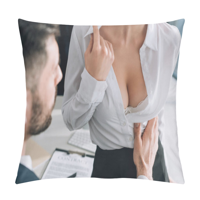 Personality  Cropped View Of Businessman Hugging Sexy Secretary With Big Breast In Office  Pillow Covers