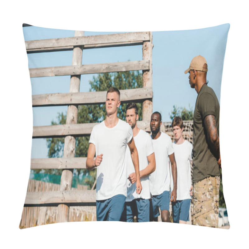 Personality  Selective Focus Of African American Tactical Instructor And Interracial Soldiers On Range Pillow Covers